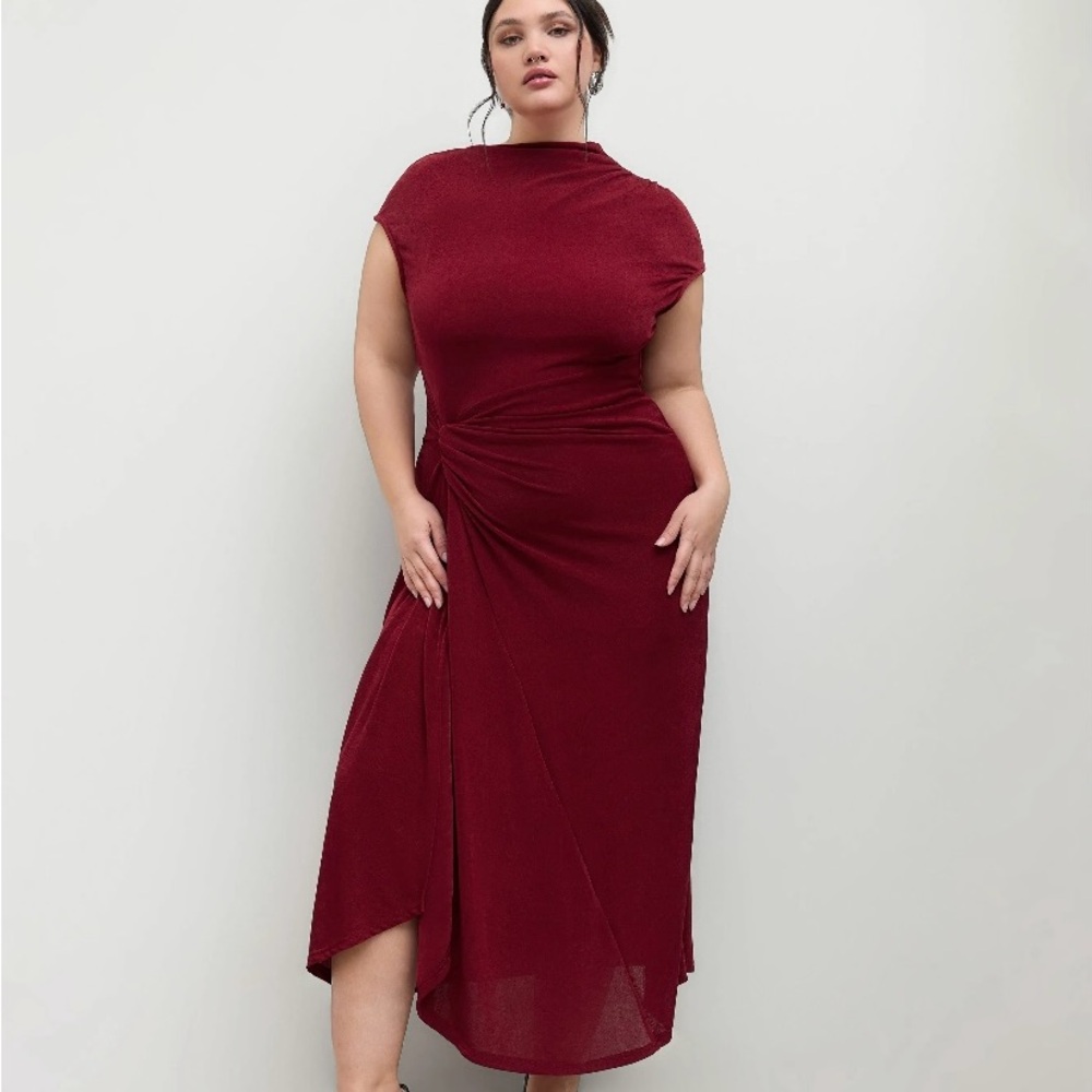 CIDER HIGH NECK TWIST RUCHED SPLIT MAXI DRESS CURVE & PLUS NWT BURGUNDY RED